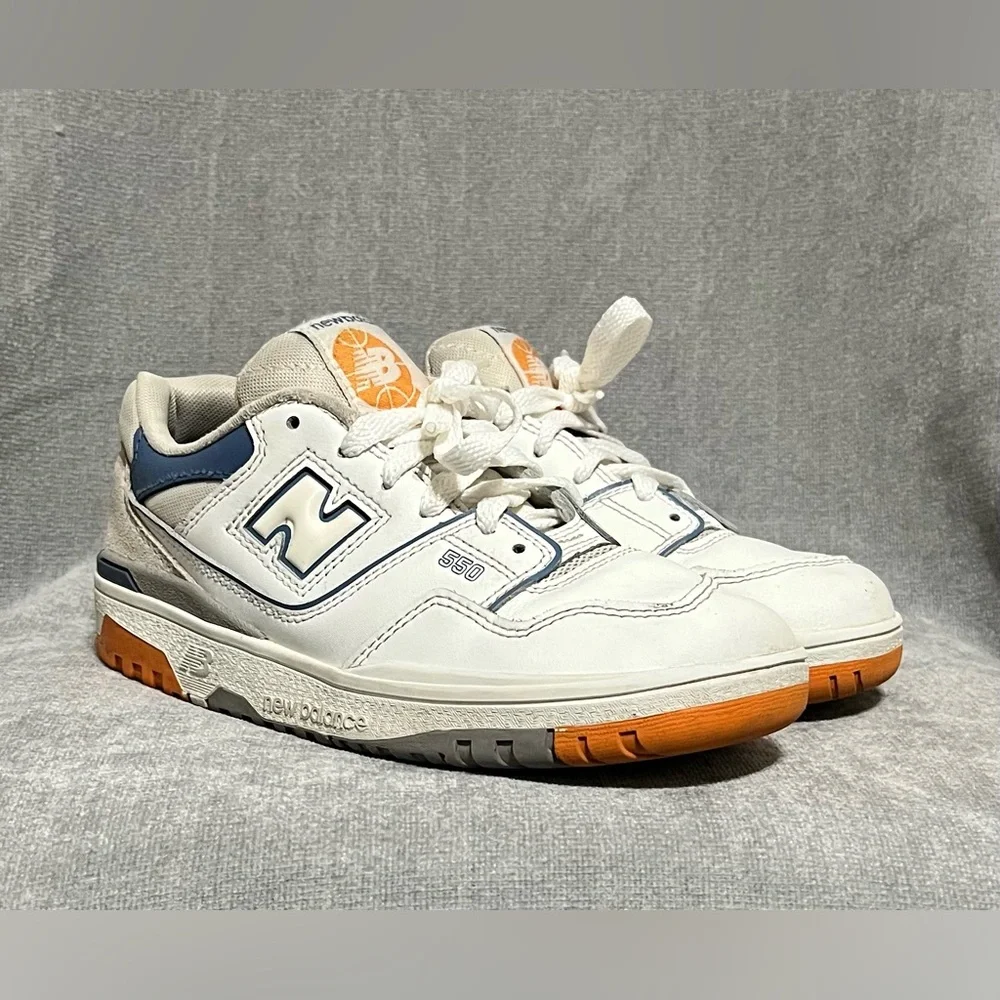 New Balance 550 White and‎ Navy Sneakers with Orange Accents Kids Size 3